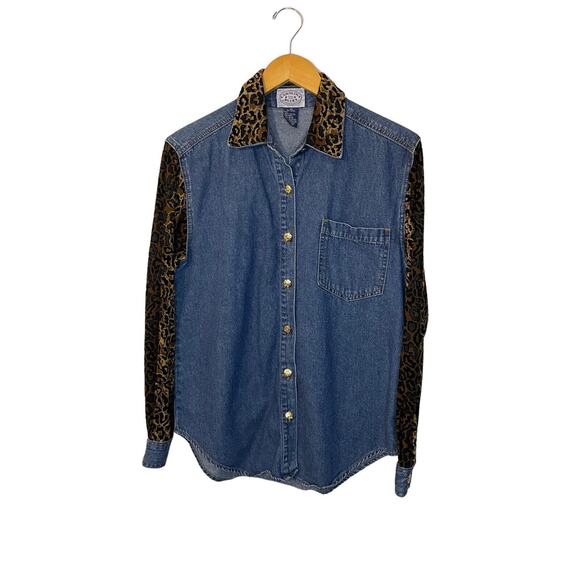 Carolina Blues y2k Denim Cheetah Print Long Sleeve Button Up 90s Size 10 - Picture 1 of 6